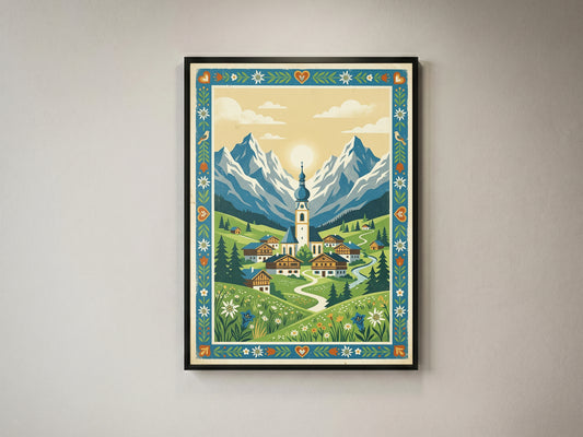 Alpine Mountain Village Sunrise Art Print, Golden Sun Peak
