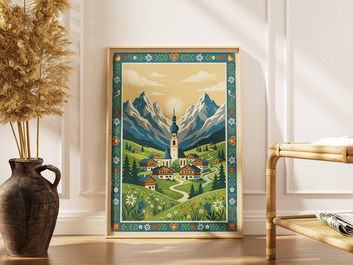 Alpine Mountain Village Sunrise Art Print, Golden Sun Peak