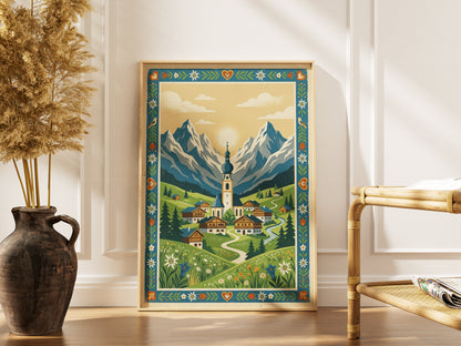 Alpine Mountain Village Sunrise Art Print, Golden Sun Peak