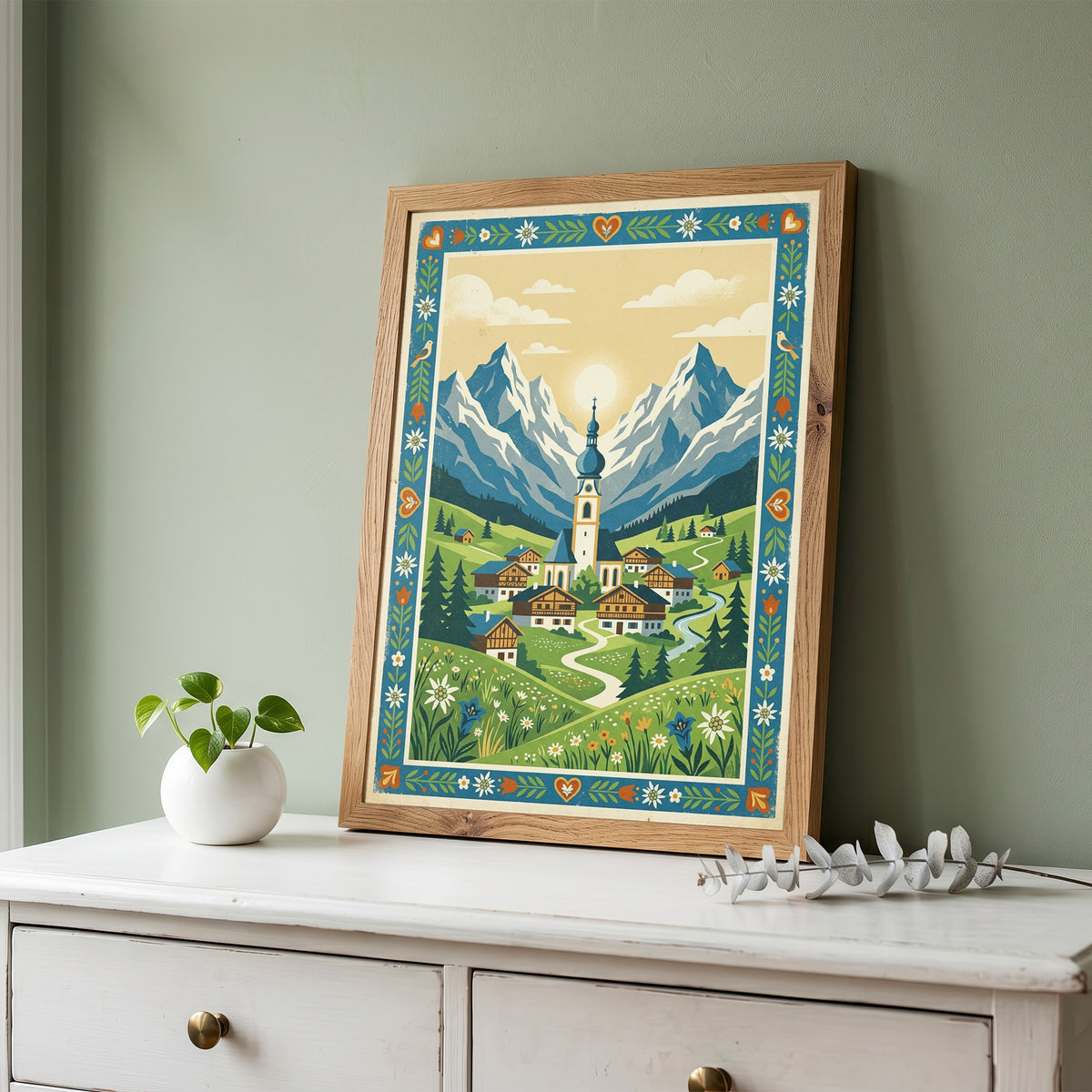 Alpine Mountain Village Sunrise Art Print, Golden Sun Peak