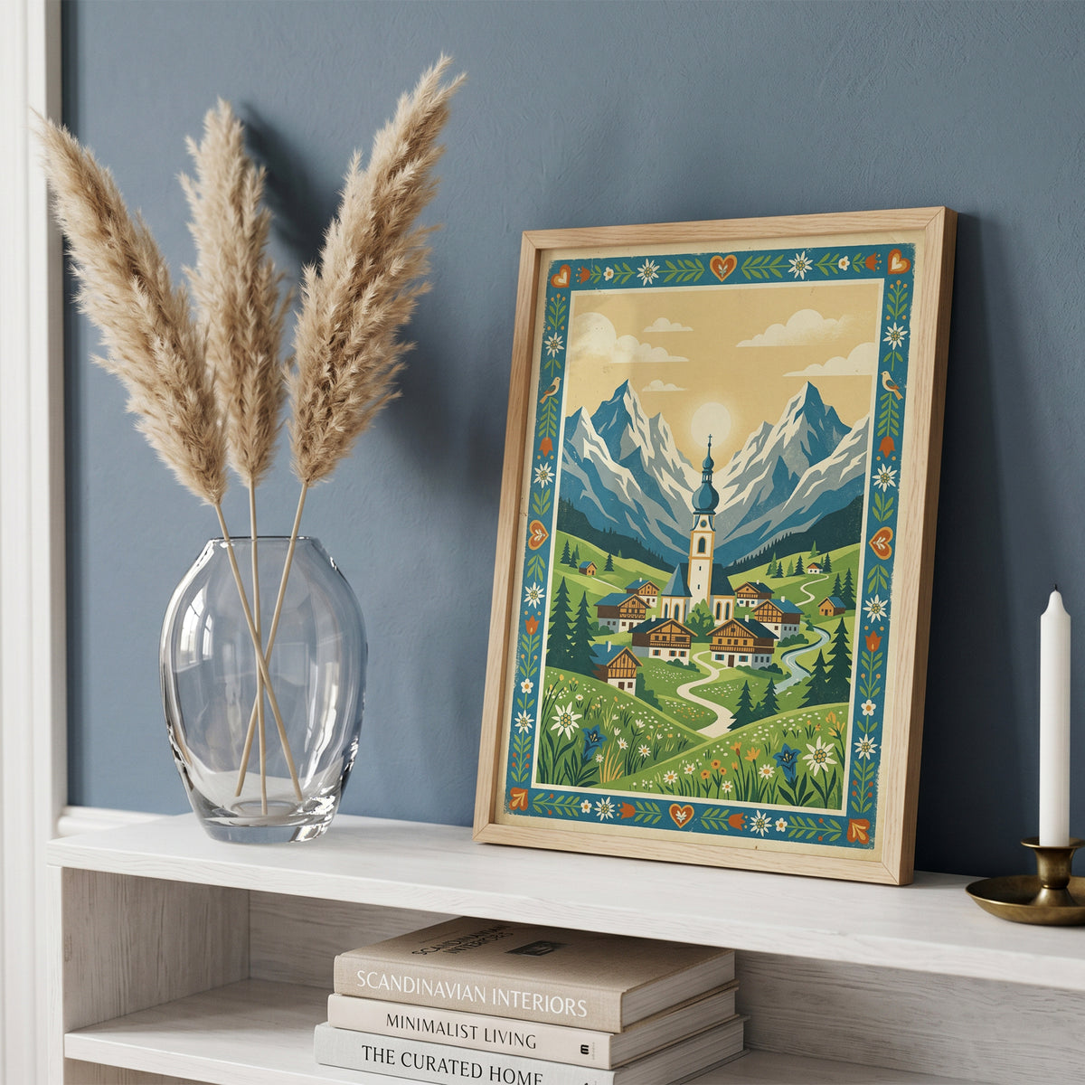 Alpine Mountain Village Sunrise Art Print, Golden Sun Peak