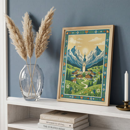 Alpine Mountain Village Sunrise Art Print, Golden Sun Peak