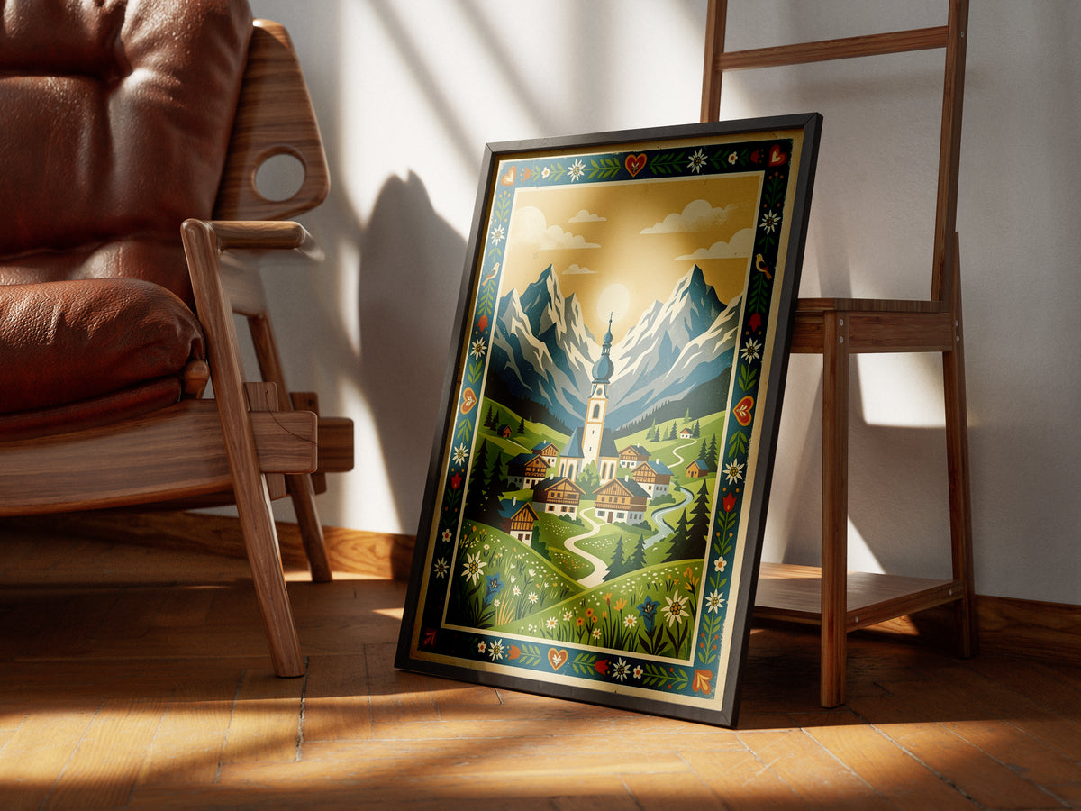 Alpine Mountain Village Sunrise Art Print, Golden Sun Peak