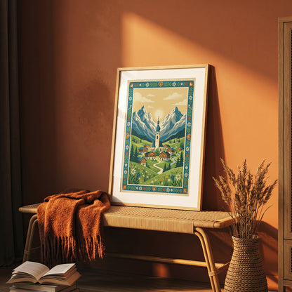 Alpine Mountain Village Sunrise Art Print, Golden Sun Peak