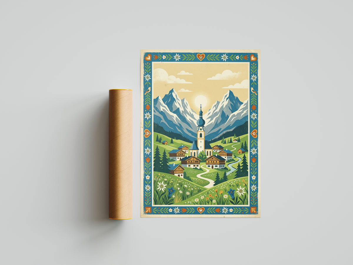 Alpine Mountain Village Sunrise Art Print, Golden Sun Peak