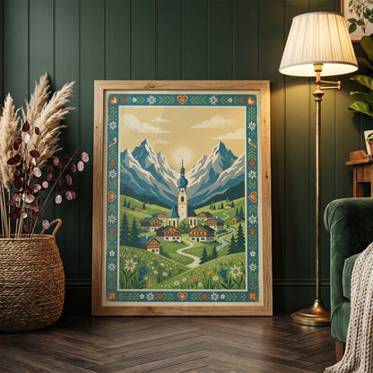 Alpine Mountain Village Sunrise Art Print, Golden Sun Peak