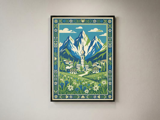 Vintage Alpine Village Travel Poster, Edelweiss Meadow & Majestic Mountain Church, Swiss Alps Decor