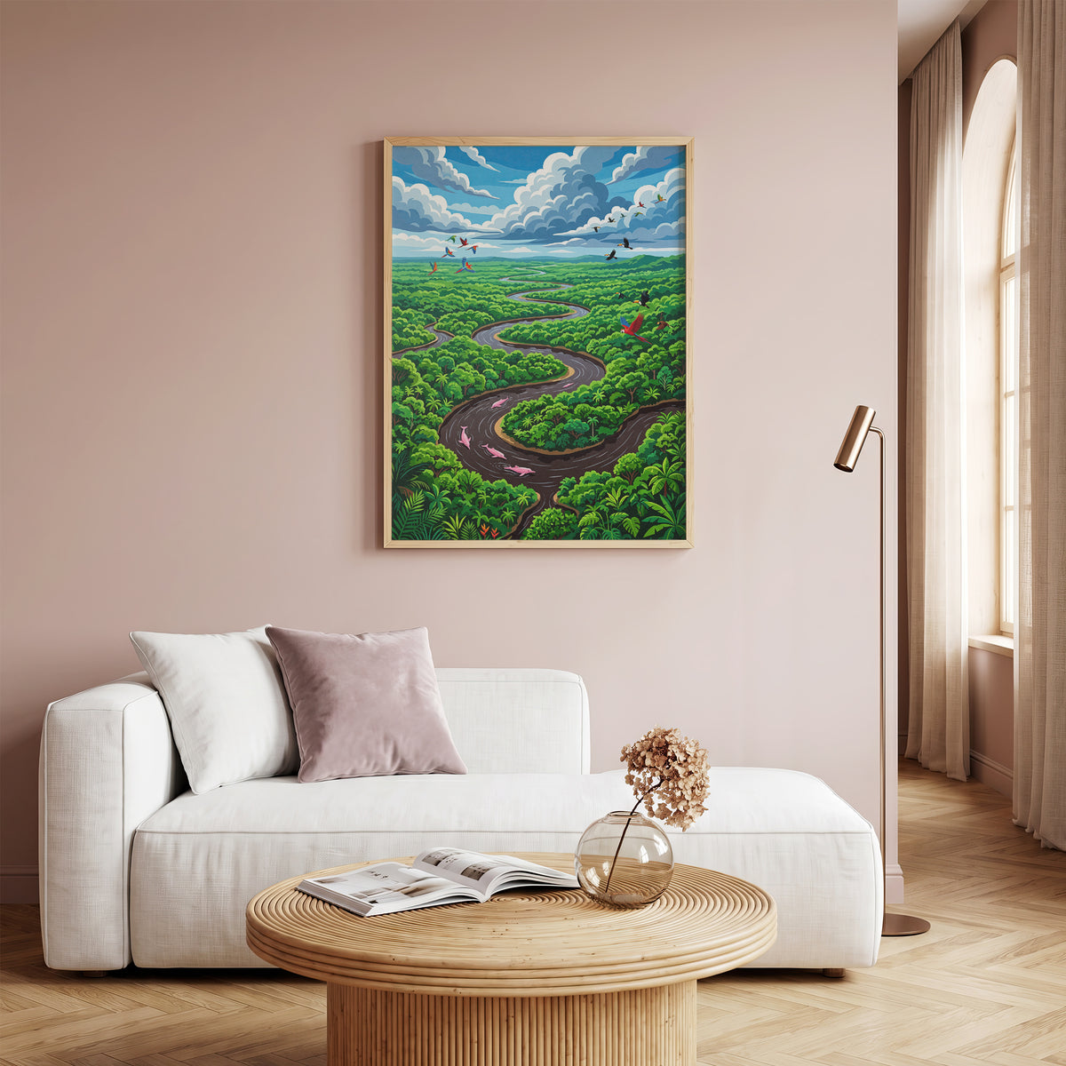 Amazon River Oxbow Bend Tropical Art Print, Leaping Pink Dolphins