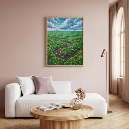 Amazon River Oxbow Bend Tropical Art Print, Leaping Pink Dolphins