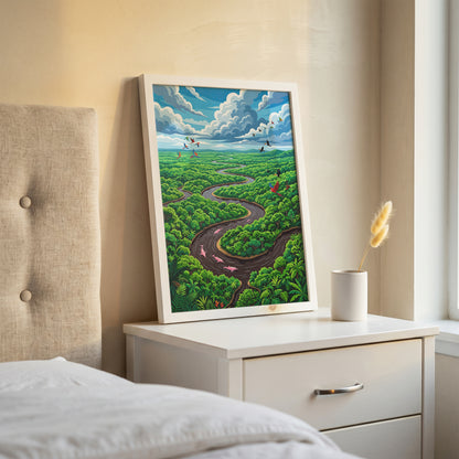 Amazon River Oxbow Bend Tropical Art Print, Leaping Pink Dolphins