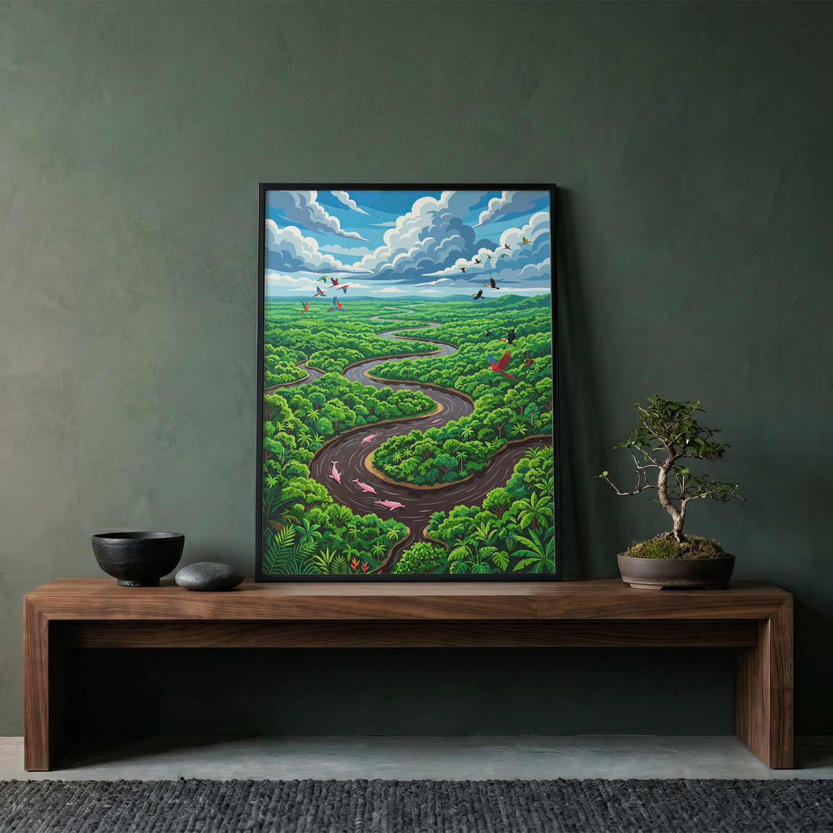 Amazon River Oxbow Bend Tropical Art Print, Leaping Pink Dolphins