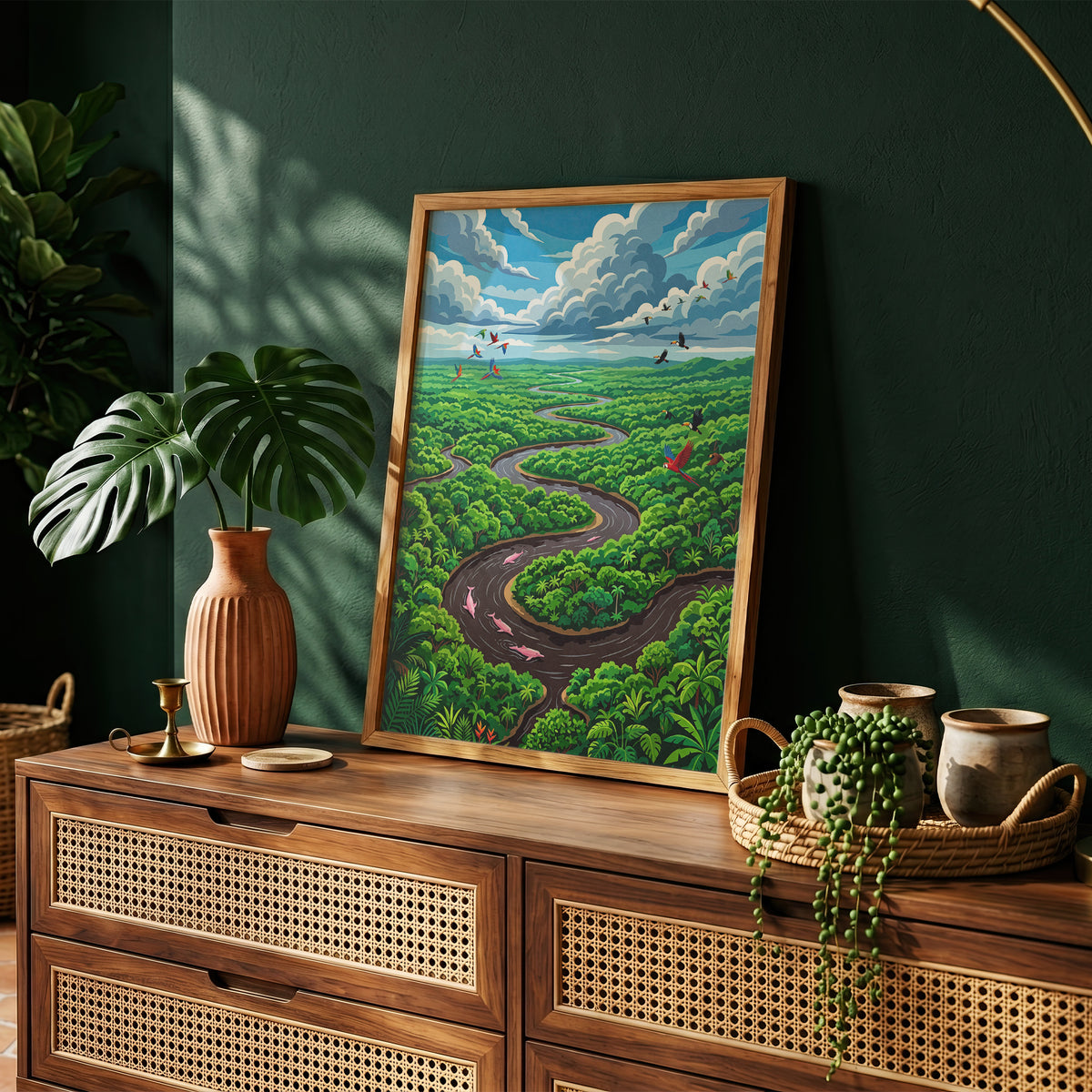 Amazon River Oxbow Bend Tropical Art Print, Leaping Pink Dolphins