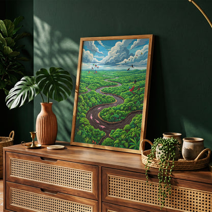 Amazon River Oxbow Bend Tropical Art Print, Leaping Pink Dolphins