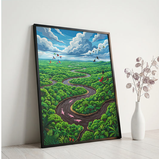Amazon River Oxbow Bend Tropical Art Print, Leaping Pink Dolphins