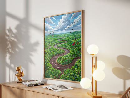 Amazon River Oxbow Bend Tropical Art Print, Leaping Pink Dolphins