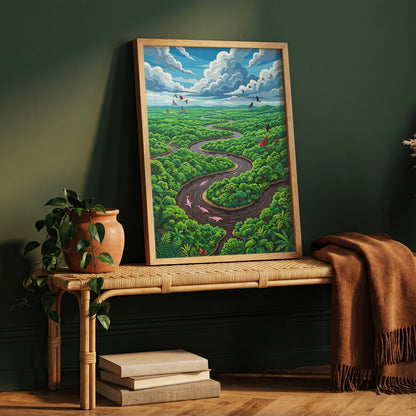 Amazon River Oxbow Bend Tropical Art Print, Leaping Pink Dolphins