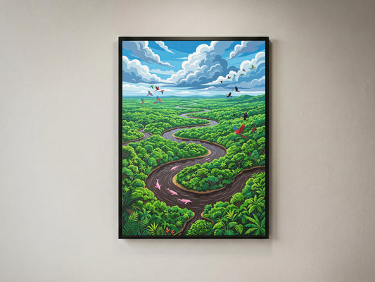 Amazon River Oxbow Bend Tropical Art Print, Leaping Pink Dolphins