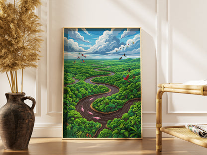 Amazon River Oxbow Bend Tropical Art Print, Leaping Pink Dolphins