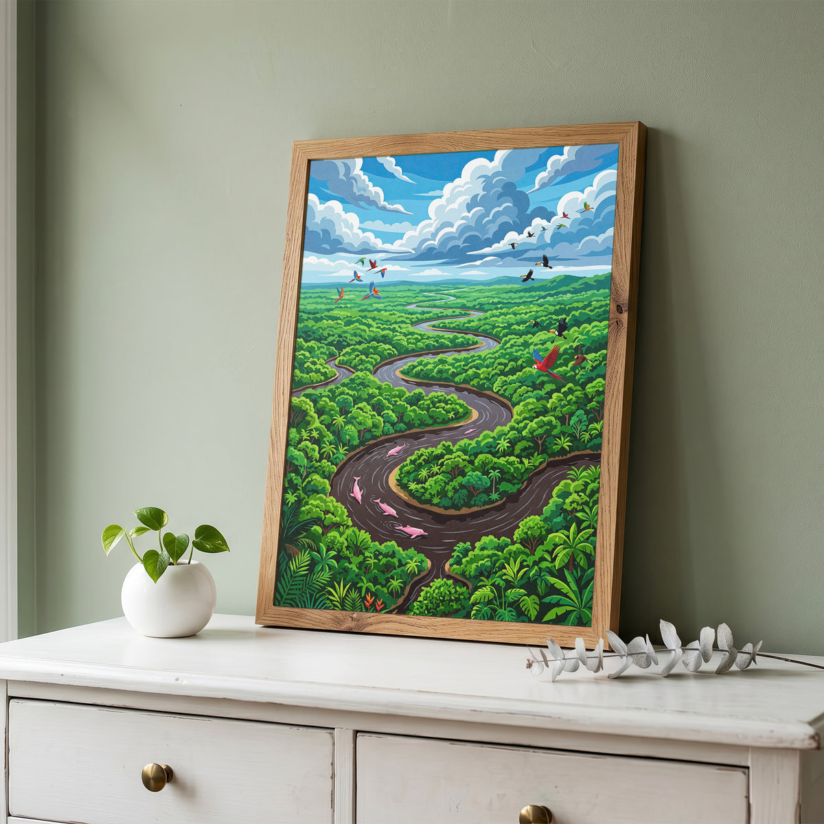 Amazon River Oxbow Bend Tropical Art Print, Leaping Pink Dolphins