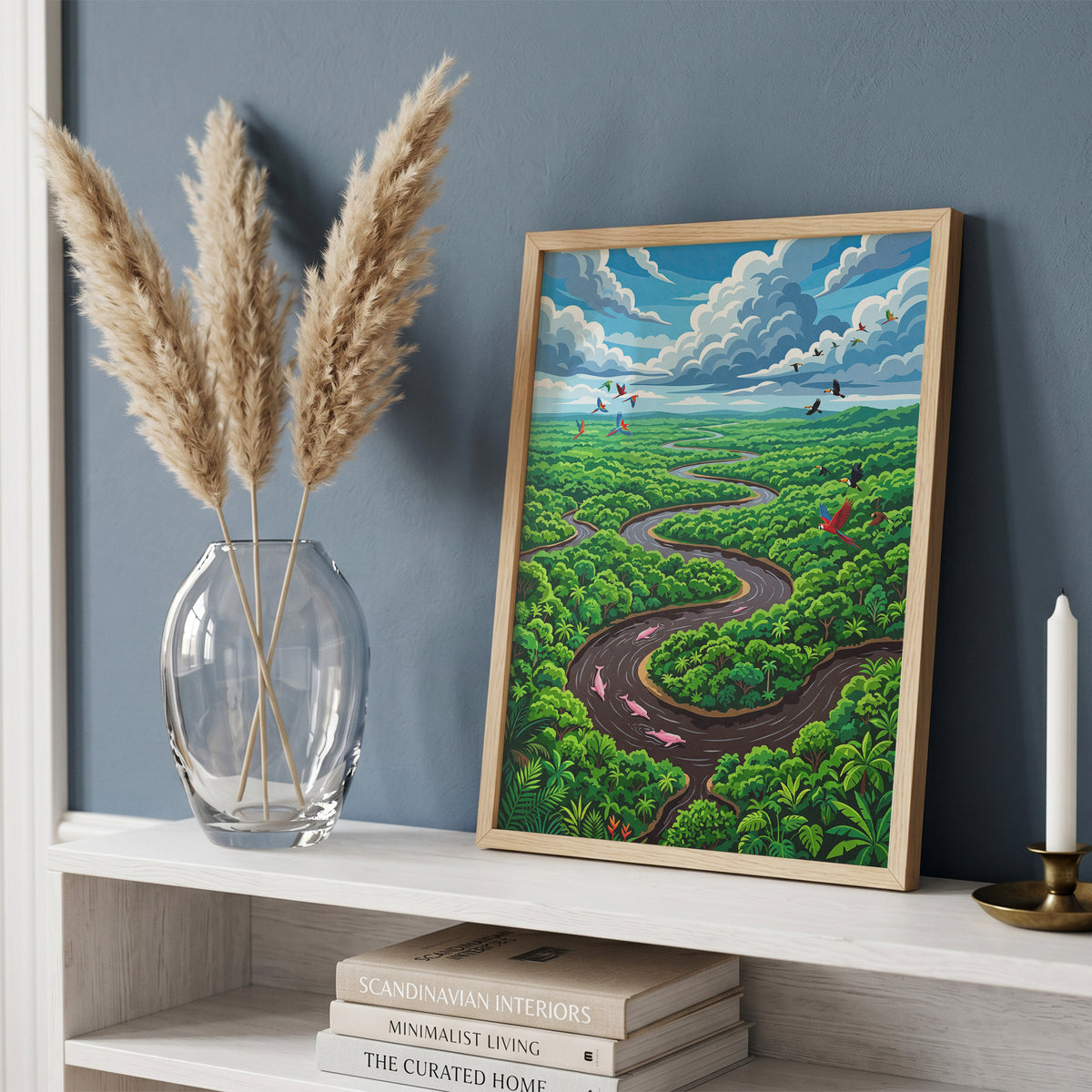 Amazon River Oxbow Bend Tropical Art Print, Leaping Pink Dolphins