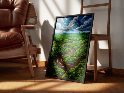 Amazon River Oxbow Bend Tropical Art Print, Leaping Pink Dolphins