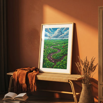 Amazon River Oxbow Bend Tropical Art Print, Leaping Pink Dolphins