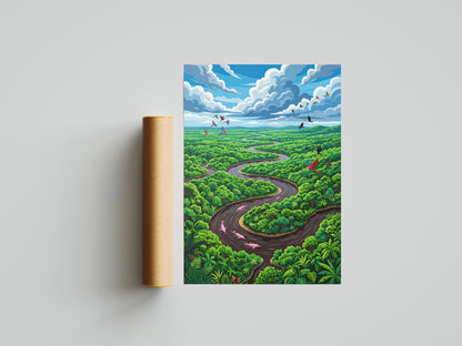 Amazon River Oxbow Bend Tropical Art Print, Leaping Pink Dolphins