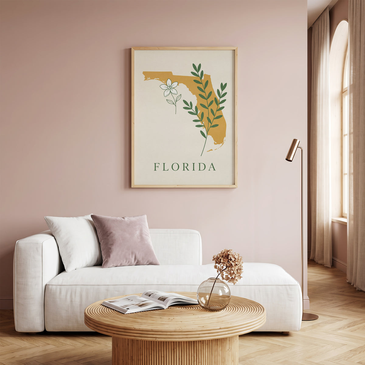 Florida State Silhouette Botanical Art Print, Orange Blossom & Green Foliage