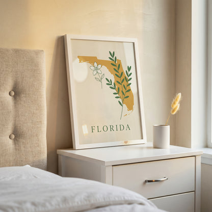 Florida State Silhouette Botanical Art Print, Orange Blossom & Green Foliage