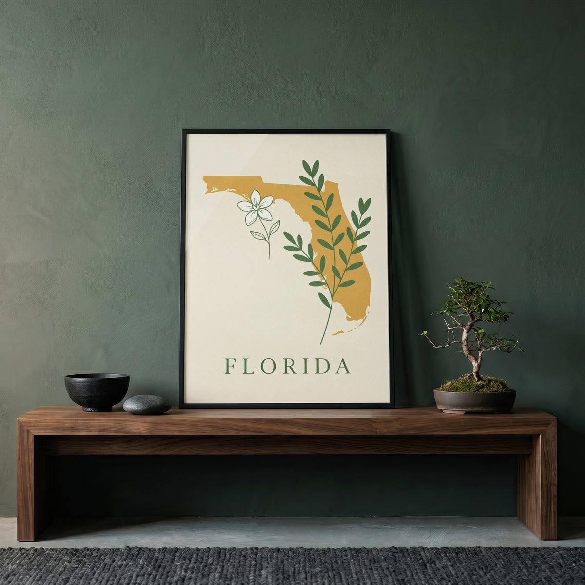 Florida State Silhouette Botanical Art Print, Orange Blossom & Green Foliage
