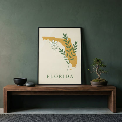 Florida State Silhouette Botanical Art Print, Orange Blossom & Green Foliage