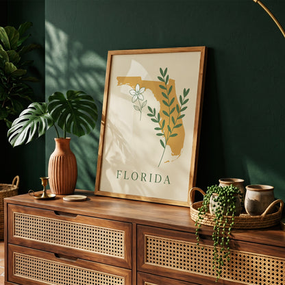 Florida State Silhouette Botanical Art Print, Orange Blossom & Green Foliage