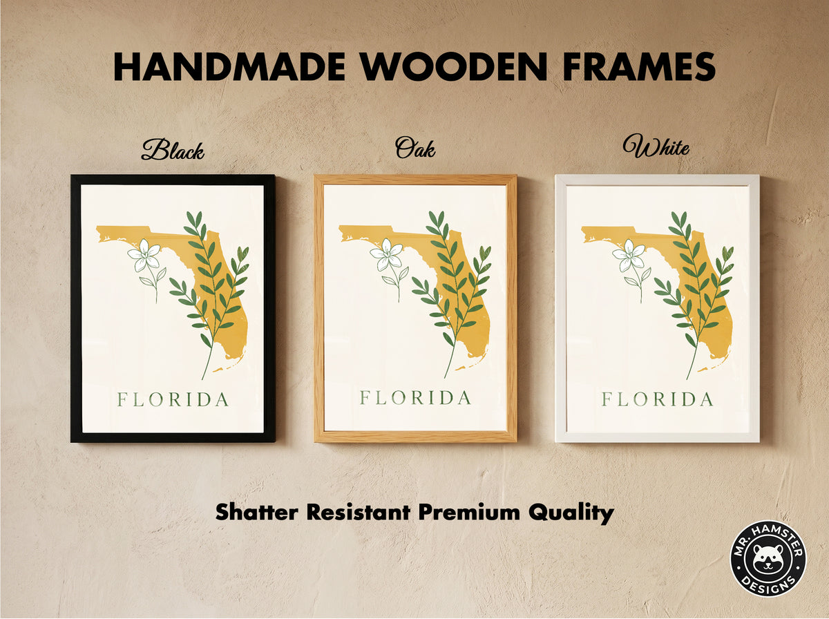 Florida State Silhouette Botanical Art Print, Orange Blossom & Green Foliage