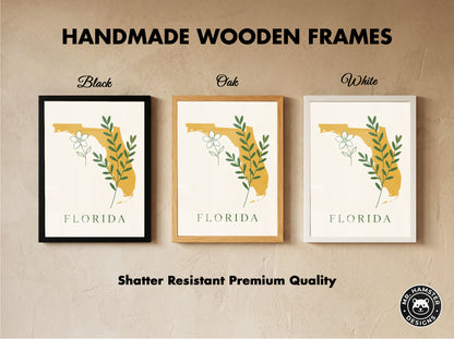 Florida State Silhouette Botanical Art Print, Orange Blossom & Green Foliage