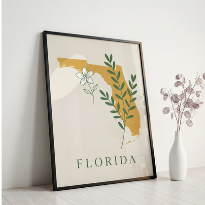 Florida State Silhouette Botanical Art Print, Orange Blossom & Green Foliage
