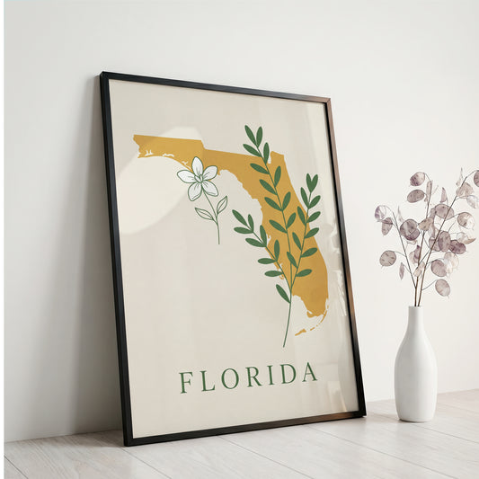Florida State Silhouette Botanical Art Print, Orange Blossom & Green Foliage