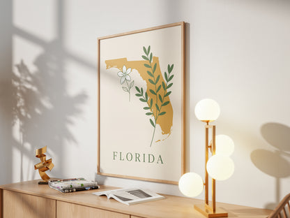 Florida State Silhouette Botanical Art Print, Orange Blossom & Green Foliage