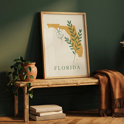 Florida State Silhouette Botanical Art Print, Orange Blossom & Green Foliage