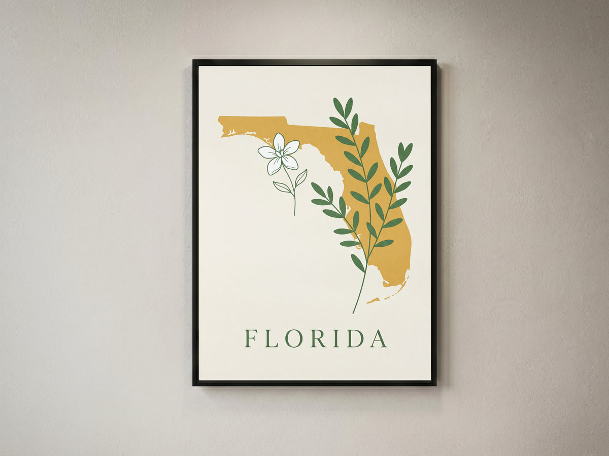 Florida State Silhouette Botanical Art Print, Orange Blossom & Green Foliage