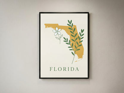 Florida State Silhouette Botanical Art Print, Orange Blossom & Green Foliage