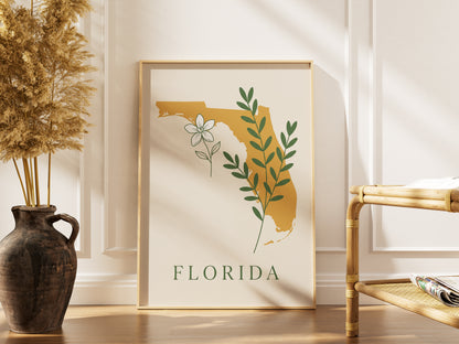 Florida State Silhouette Botanical Art Print, Orange Blossom & Green Foliage