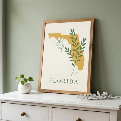 Florida State Silhouette Botanical Art Print, Orange Blossom & Green Foliage