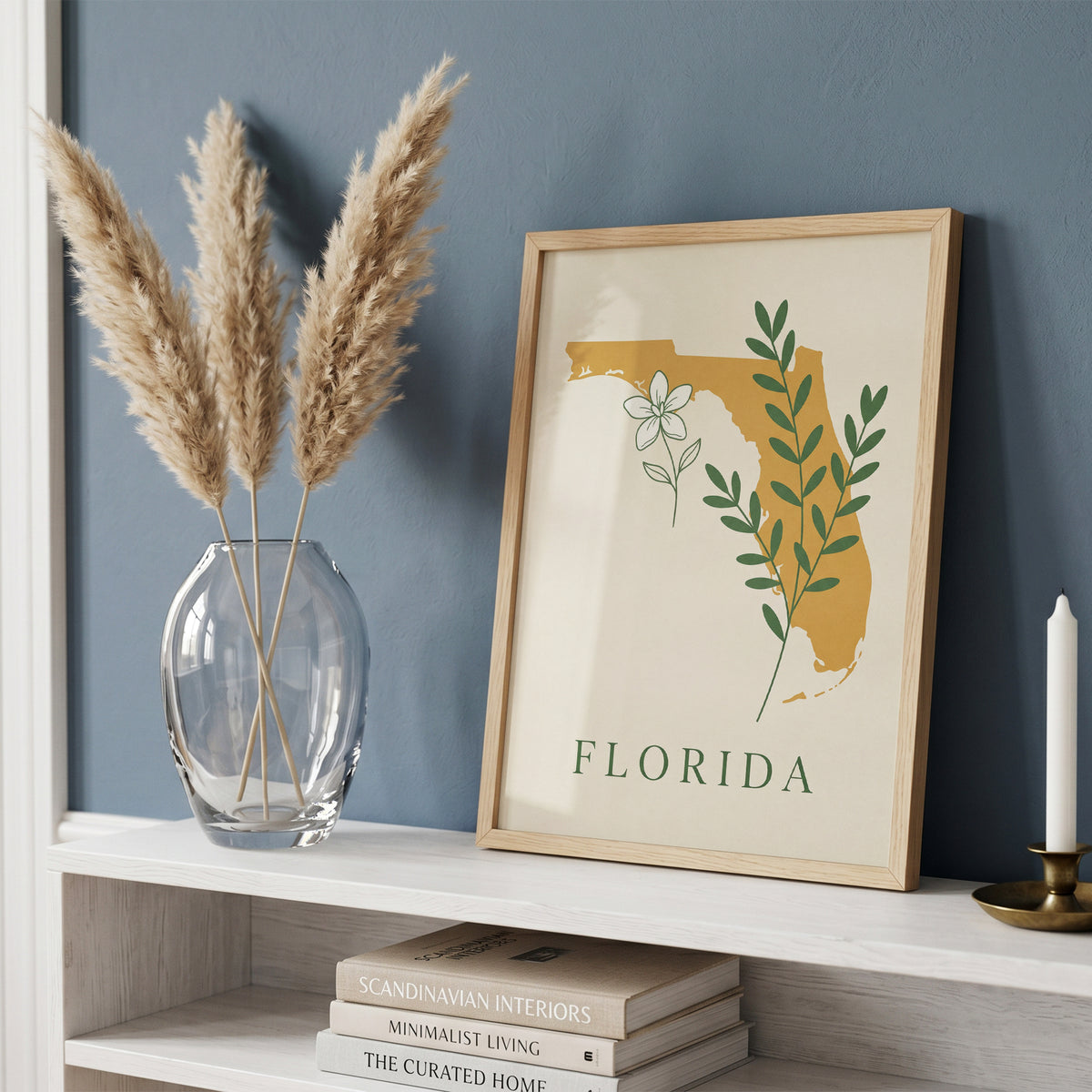 Florida State Silhouette Botanical Art Print, Orange Blossom & Green Foliage