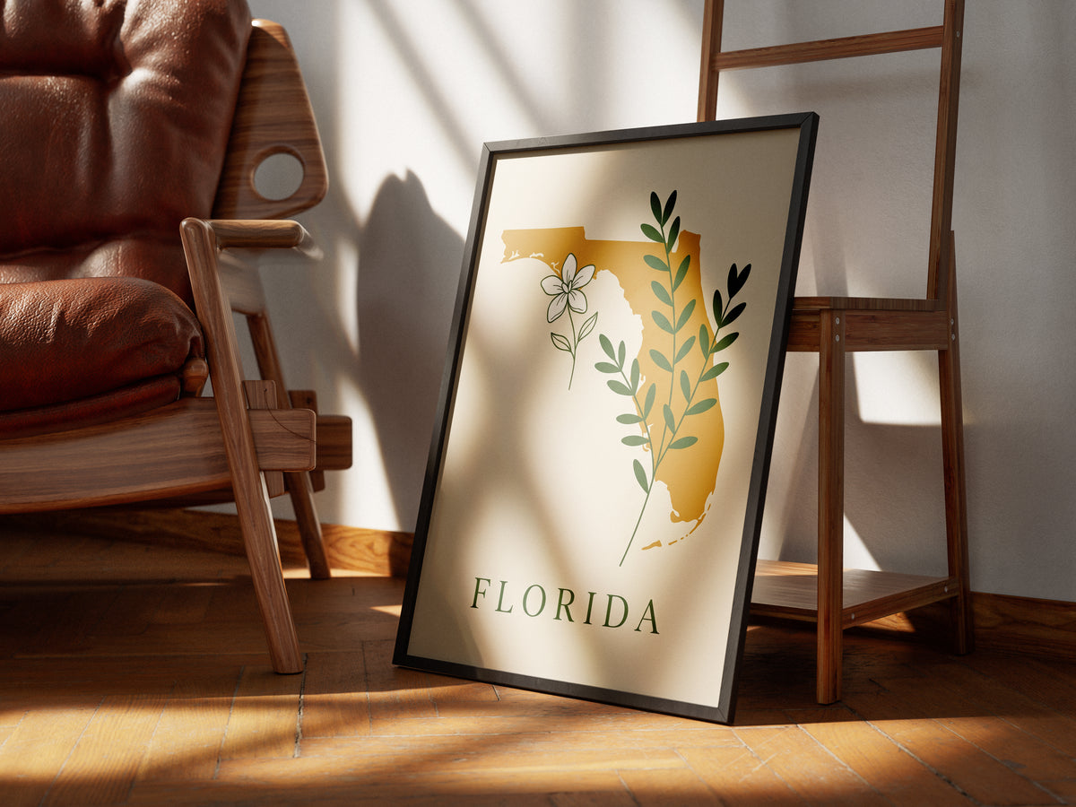 Florida State Silhouette Botanical Art Print, Orange Blossom & Green Foliage