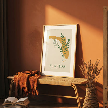 Florida State Silhouette Botanical Art Print, Orange Blossom & Green Foliage