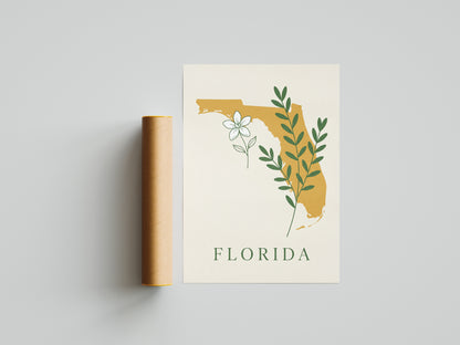 Florida State Silhouette Botanical Art Print, Orange Blossom & Green Foliage