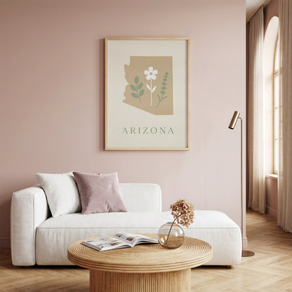 Arizona State Map Silhouette Botanical Art Print