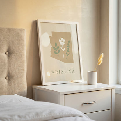 Arizona State Map Silhouette Botanical Art Print
