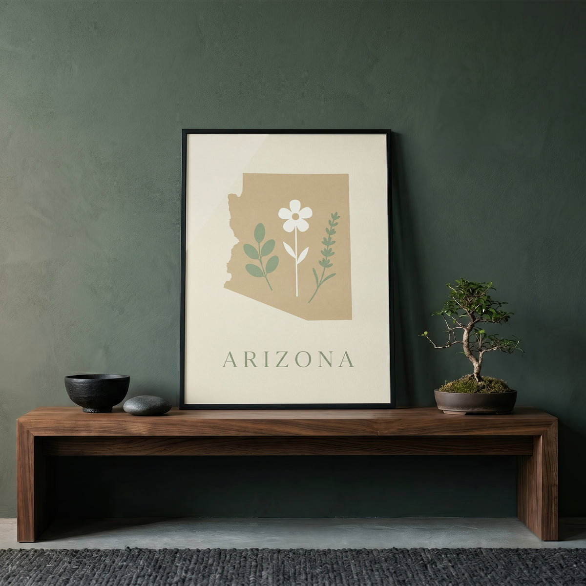 Arizona State Map Silhouette Botanical Art Print