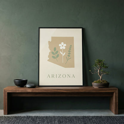 Arizona State Map Silhouette Botanical Art Print